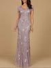 V-Neck, Short Sleeve Beaded Gown