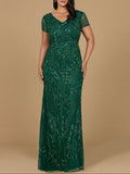 V-Neck, Short Sleeve Beaded Gown