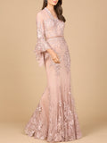 Lace, V Neck, Long Bell Sleeve Gown