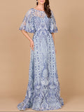 Embroidered, Cape Sleeve A-line Gown