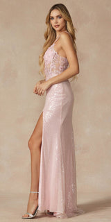 Juliet 289 Long Machine Sequin Gown with Corset Bodice Prom Gown
