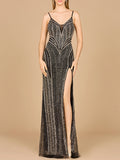 Spaghetti Strap Beaded Gown with Slit
