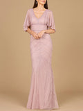 Cape Sleeve Beaded Gown