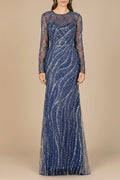 Long Sleeve Sheath Gown with Silver Beads