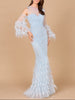 Cold Shoulder Mermaid Lace Gown with Feathers - OUTLET