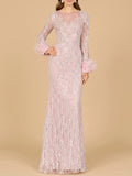 Long Sleeve Sheath Gown with Feathers