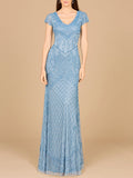 Beaded Cap Sleeve Gown With V-Neckline - OUTLET
