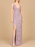Embellished Gown with Slit And Spaghetti Straps  - OUTLET
