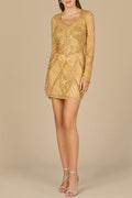 Long Sleeve Beaded Cocktail Dress