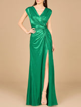 V-Neck Metallic Dress with Slit | 29124 - OUTLET