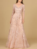 Long Sleeve V-Neck Lace Gown with Beaded Belt