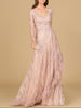 Long Sleeve V-Neck Lace Gown with Feathers