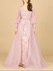 Long Sleeve Lace Gown with Removable Over Skirt