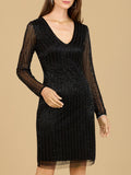 Classic V-Neck Beaded Long Sleeve Cocktail Dress  - OUTLET