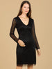 Classic V-Neck Beaded Long Sleeve Cocktail Dress  - OUTLET