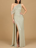 Beaded One Shoulder Dress with Train