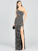 One-Shoulder Beaded Gown with High Slit