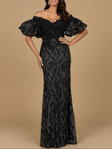 Off Shoulder Mermaid Beaded Gown with Tiered Sleeves