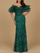 Off Shoulder Mermaid Beaded Gown with Tiered Sleeves