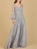 V Neckline Long Sleeve Gown