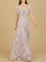 Cape Sleeve V-Neck Gown  - OUTLET