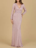 Long Sleeve V-Neck Beaded Gown