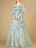 High Neck Lace Gown with Sheer Sleeves