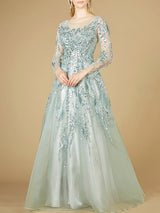 High Neck Lace Gown with Sheer Sleeves