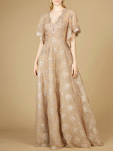 Cape Sleeve V-Neck Gown