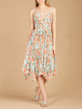 V-Neck Printed Midi Length Dress with Pleats - OUTLET