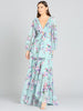 Long Sleeve V-Neck, Layered Skirt Print Dress- OUTLET