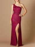 One-Shoulder Beaded Gown with Slit