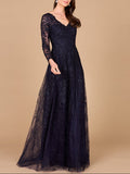Long Sleeve V-Neck Lace Gown