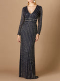 Long Sleeve Belted Beaded Gown