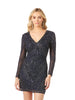 Long Sleeve V-Neck Beaded Cocktail Dress in Navy