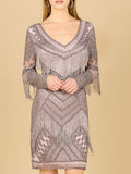 Long Sleeve Beaded V-Neck Fringe Cocktail Mini OUTLET