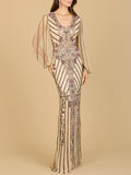 Long Flutter Sleeves Beaded Dress
