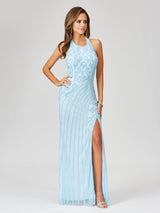 Giselle Beaded Halter Gown with Slit
