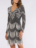 Lara 29377 - Long Sleeve Beaded V-Neck Fringe Cocktail Dress
