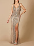 Lara 29499 - Embellished Long Dress with Thigh High Slit