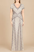 Lara 29746 - Beaded V-Neckline Dress with Cap Sleeves