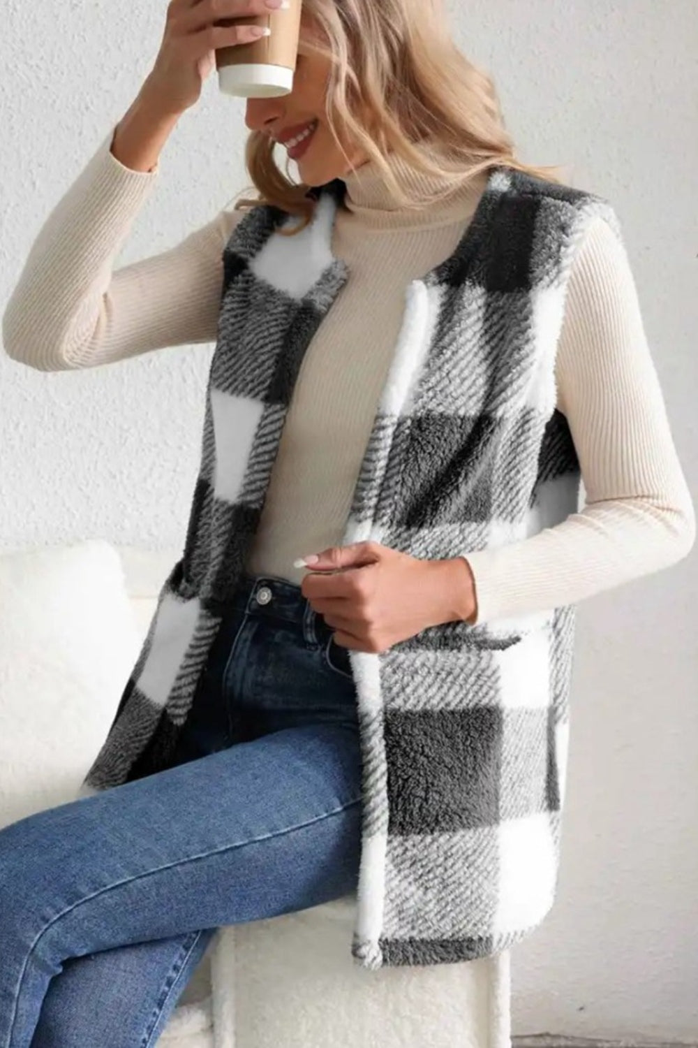 Our Best 100% Polyester Cool-n-Comfy Deluxe Sherpa Plaid Pattern Open Front Vest Coat (Multicolor)