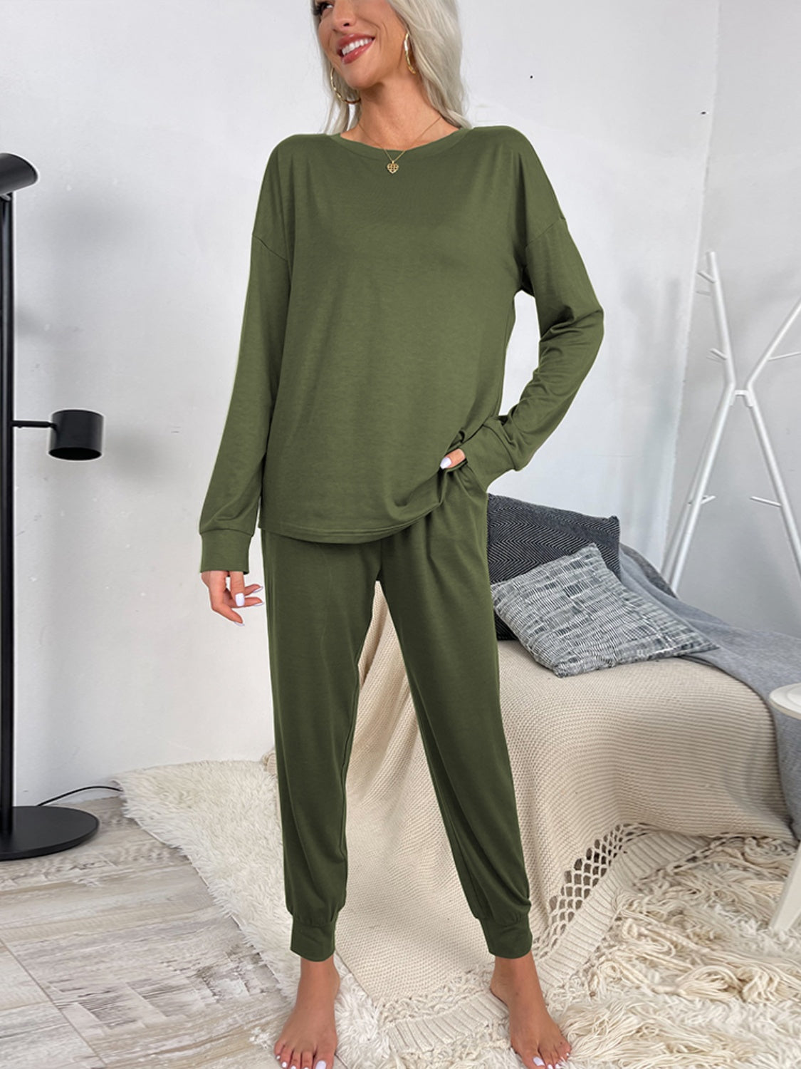 Our Best Polyester Blend Long Sleeve Top and Drawstring Waist Joggers Two Piece Lounge Set (Multicolor)