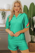 Luxury Rainbow Colorblock Collared Short Sleeve Top 2 Piece Shorts Set - treasures-4-u-2-day