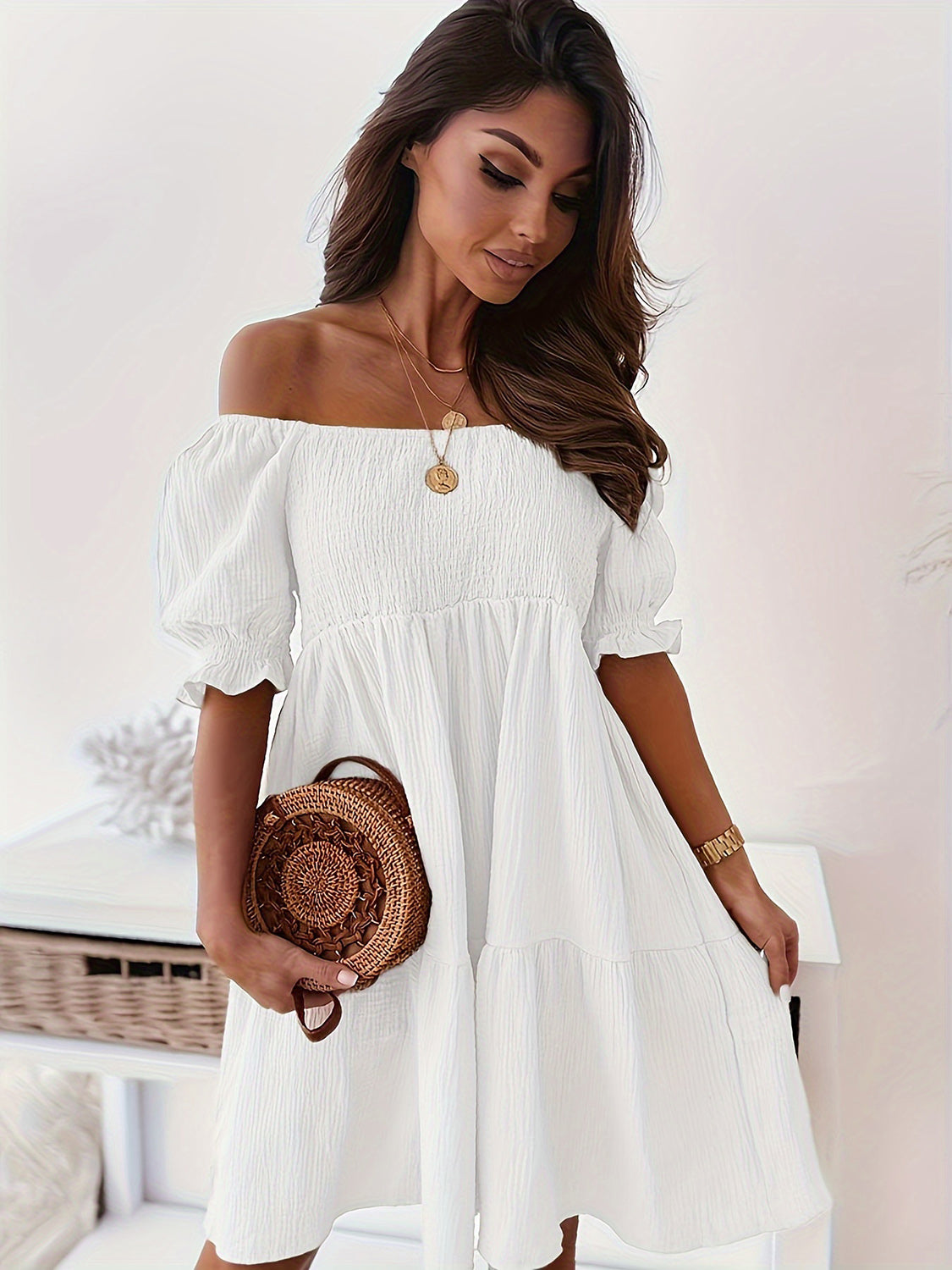 Our Best Polyester/Cotton Blend Off Shoulder Short Puff Sleeve Ruffle Detail Mini Dress (Multicolors)