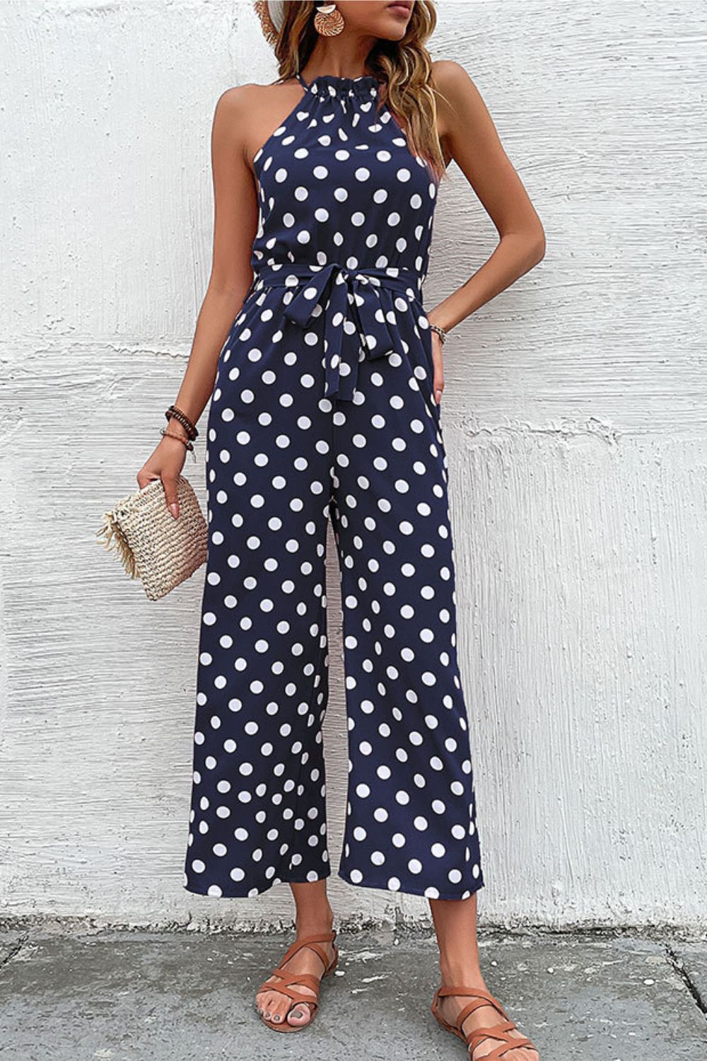 Perfee Polka Dot Grecian Wide Leg Jumpsuit