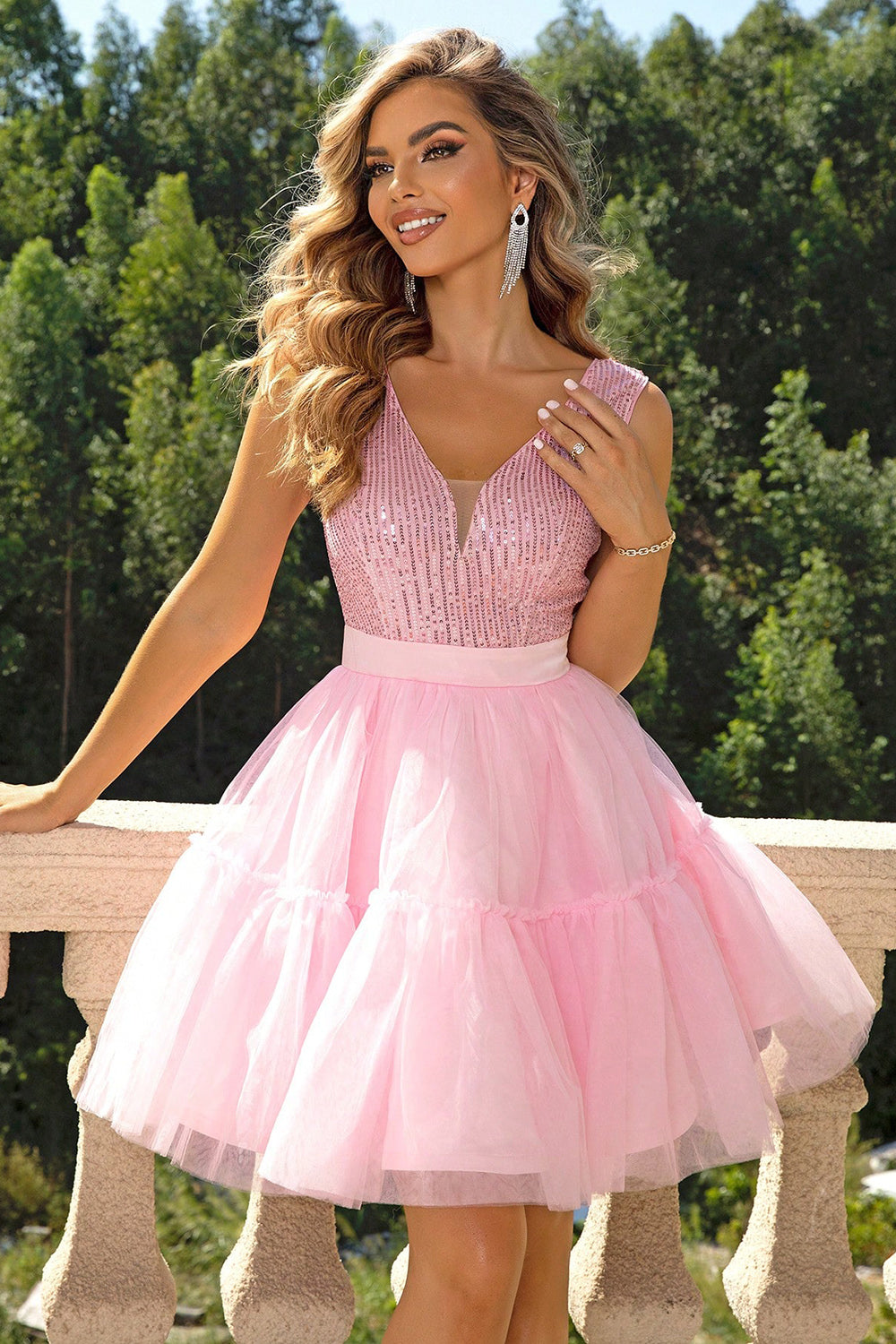 Our Best 100% Polyester Sequin Bodice Sleeveless Mesh Overlay Cocktail Dress (Blush Pink)