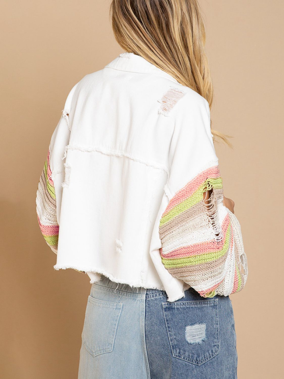 The Darla Cotton Blend Distressed Colorblock Stripe Long Baggy Sleeve Denim Jacket (White/Light)