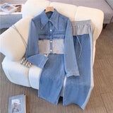Two Piece Sets Women Pant Set Denim Splice Matching Sets Spring Top Wide Leg Long Pants Casual Loose Lace Up High Waist Jogger - treasures-4-u-2-day