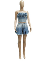 Denim Women Skirts Suit Sexy Strapless Short Tops Print Ensemble Backless Pockets Hem Skirt Female Streetwear 2 Piece Sets